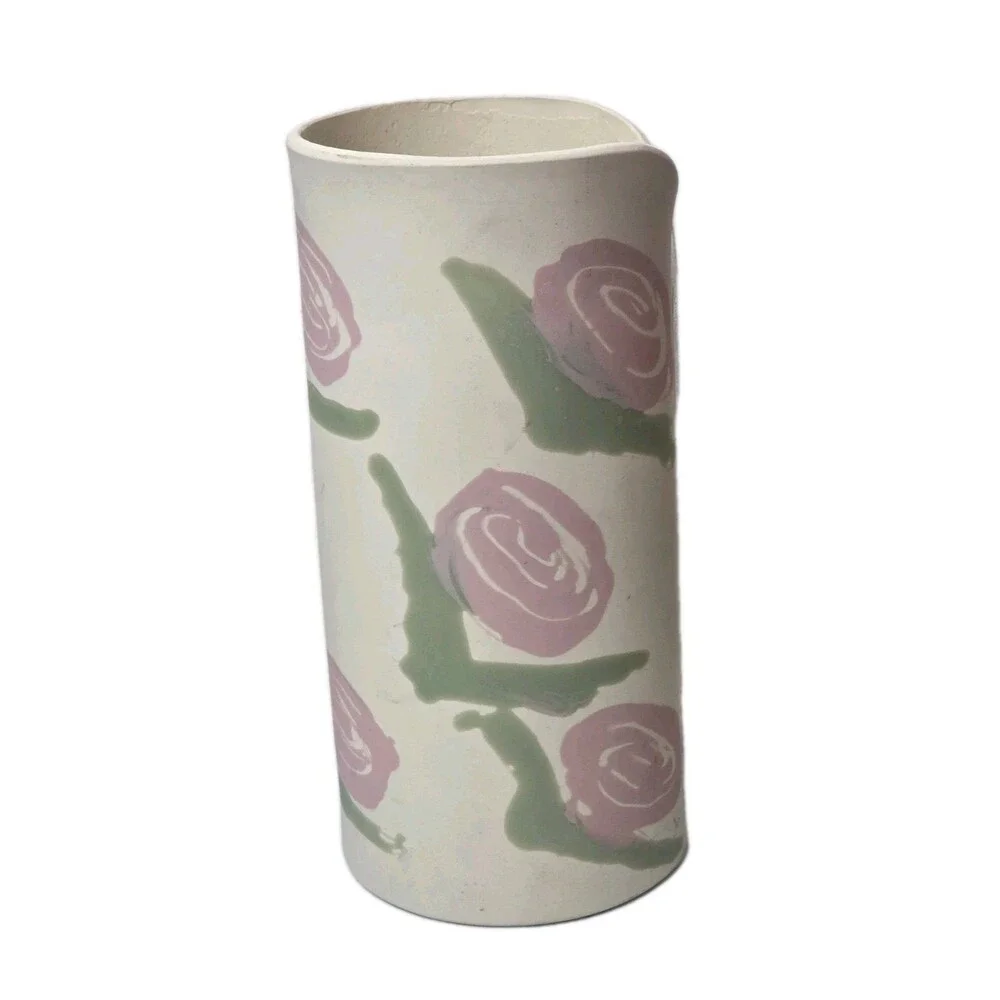 Vintage Evolution Studio Pottery Vase Roses Signed Jeff Pitt 1993 Hand Made